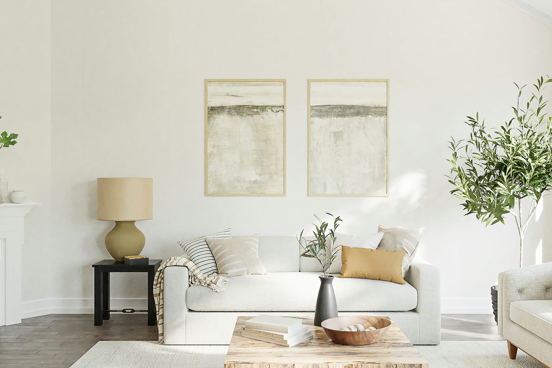Light living room with seating and plants
